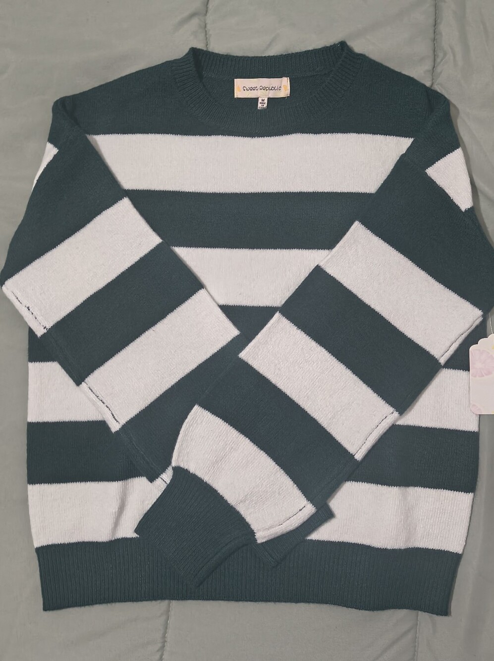 Classic Striped Crewneck Sweater - Dark Green & White